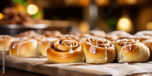 Close up of fresh baked cinnamon rolls on baking sheet, on table with blurry background