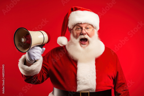 Santa Claus with megaphone on red background.
