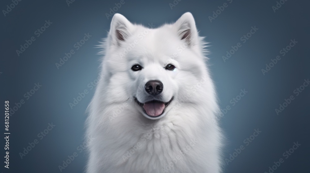 In the frame, a Samoyed stands proud, its portrait a celebration of the breed's arctic heritage, in