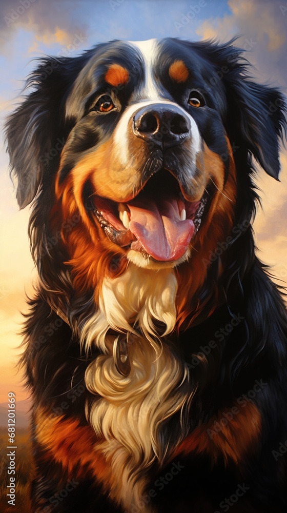 A Bernese Mountain Dog, portrayed in a portrait, exudes warmth with a sturdy build, distinctive mar