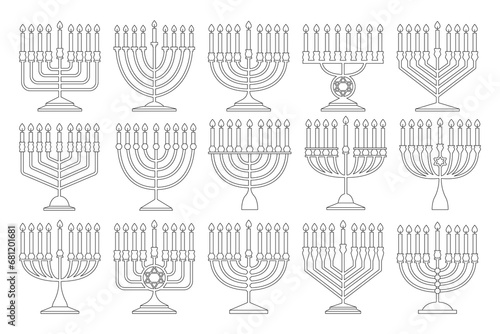 Jewish hanukkah menorah burning candles I candlestick lined style greeting card elements set