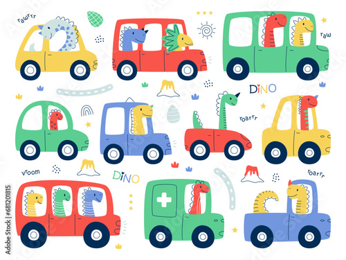 Childish funny dinosaur racer enjoying adventure traveling by car isolated set on white background