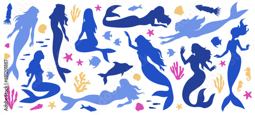 Mermaids beautiful underwater fairytale creature silhouettes swimming, dancing in water set