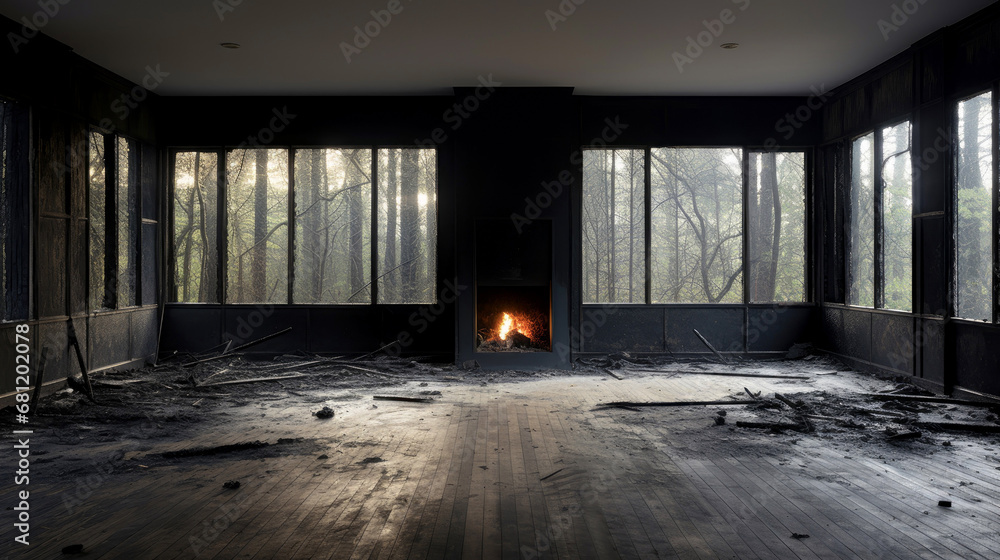 Burnt room. Accident in the house due to fire Burnt room. Accident in the house due to fire