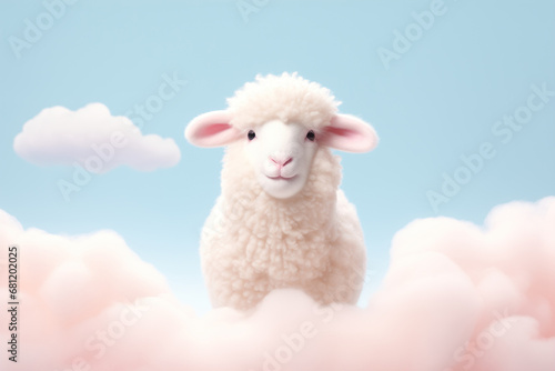 Little white sheep on fluffy clouds. Concept of soft luxury wool