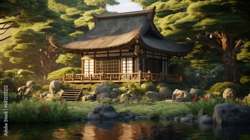 An ornamental Japanese tea house with a thatched roof in a serene garden.