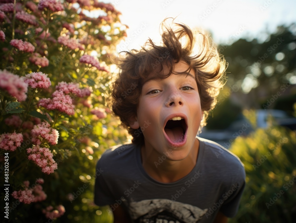 A young boy with his mouth open in front of a bush of flowers. Generative AI. A young boy with his mouth open in front of a bush of flowers. Generative AI.