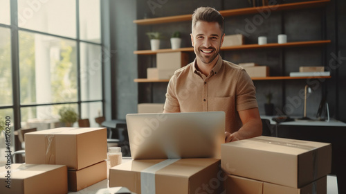 A happy man at the office preparing boxes and delivering sales. Concept of selling products online.