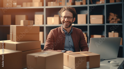 A happy man at the office preparing boxes and delivering sales. Concept of selling products online.
