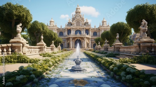 A baroque palace garden with sculpted hedges and fountains.
