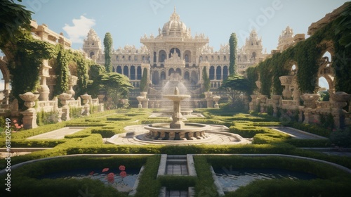 A baroque palace garden with sculpted hedges and fountains.