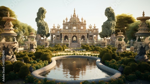 A baroque palace garden with sculpted hedges and fountains.