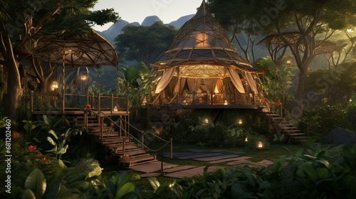 A bamboo eco-lodge in a lush rainforest at sunrise.