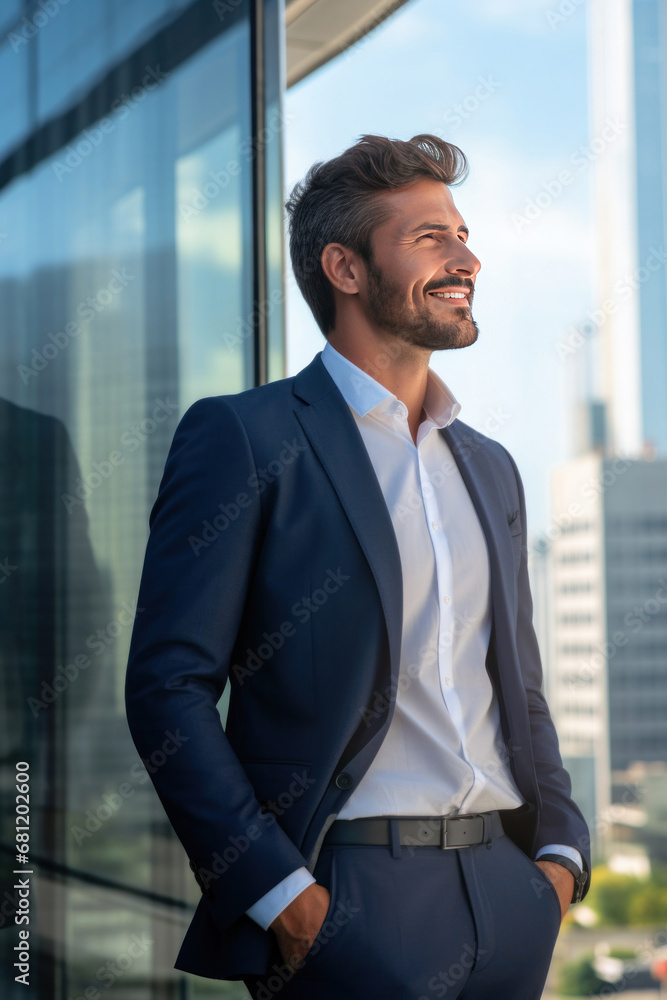 A happy professional business man looking city building. A happy professional business man looking city building.