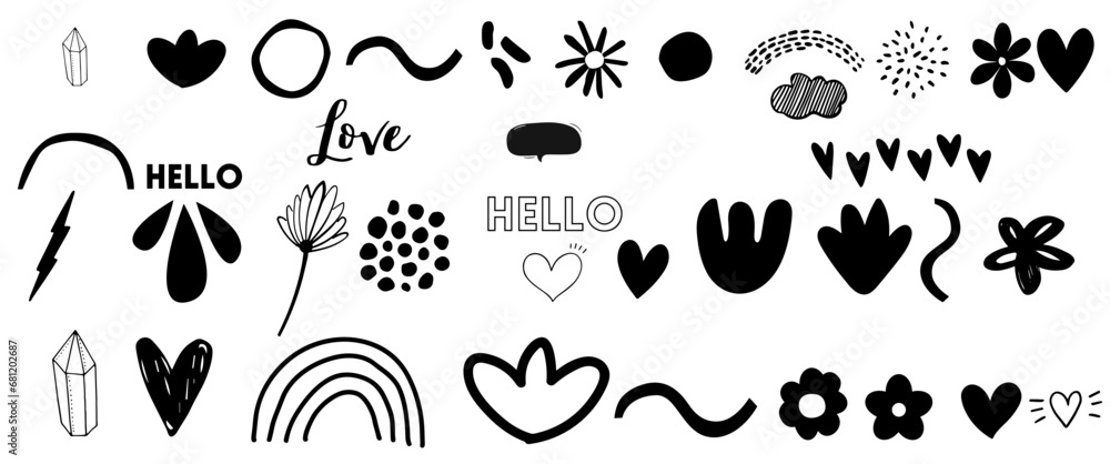 Fototapeta premium collection of doodles, hearts, flowers, rainbow, abstract shapes. 