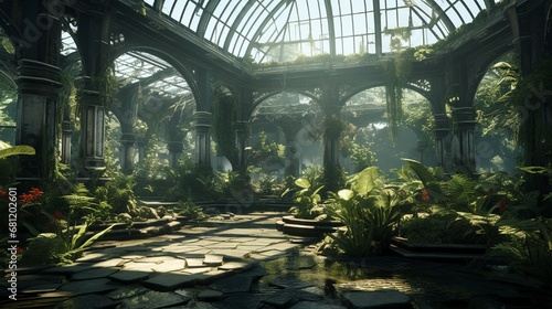 A botanical conservatory with rare plants and a glass roof.