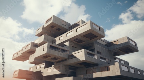 A brutalist library with strong geometric shapes against a clear sky.