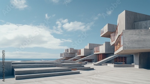 A brutalist library with strong geometric shapes against a clear sky.