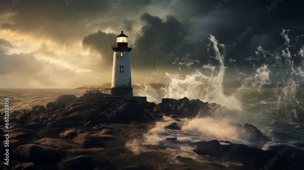 A classic New England lighthouse with a beacon shining in a storm.