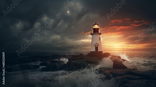 A classic New England lighthouse with a beacon shining in a storm.