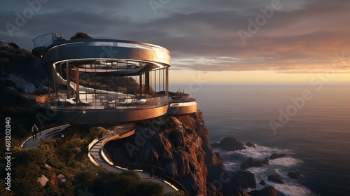 A cliffside observatory with panoramic views of the ocean at dawn.