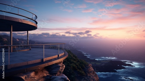 A cliffside observatory with panoramic views of the ocean at dawn.