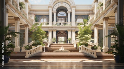 A colonial-style courthouse with a grand staircase and columns.