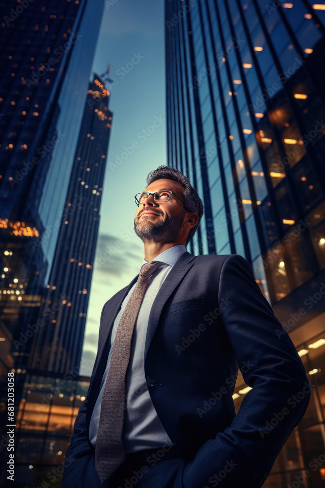 A happy professional business man looking city building. A happy professional business man looking city building.