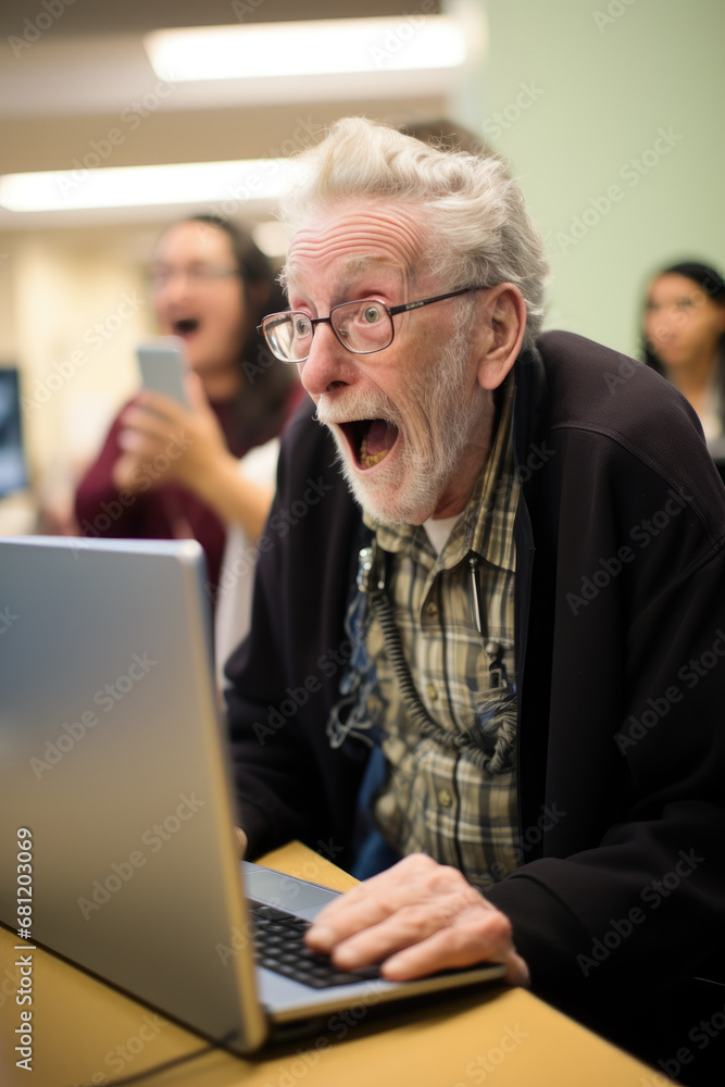Funny surprised seniors learning to code, workshop attendees Funny surprised seniors learning to code, workshop attendees