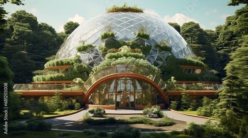 A contemporary botanical greenhouse with a domed glass roof in a public park.