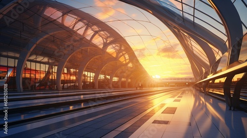 A contemporary train station with a curving glass roof at sunset. © COLLECTION OF AI