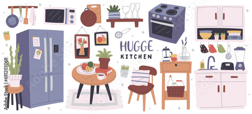 Hygge kitchen furniture, home decorations and accessories for comfy apartment design interior