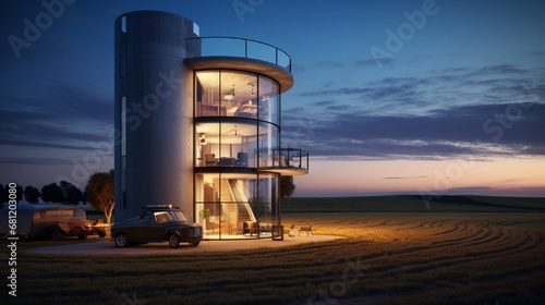 A cylindrical grain silo converted into a modern living space at twilight.