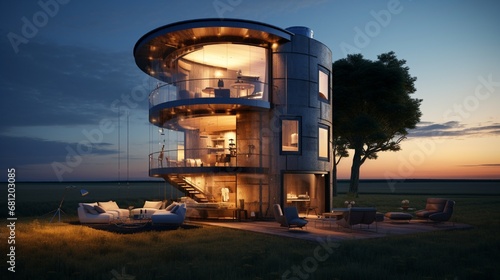 A cylindrical grain silo converted into a modern living space at twilight.