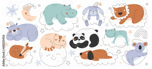 Childish cute baby animals sleeping on fluffy cloud, moon crescent and sun set vector illustration