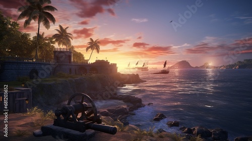 A historic colonial fort with cannon embrasures facing the sea at dawn. photo