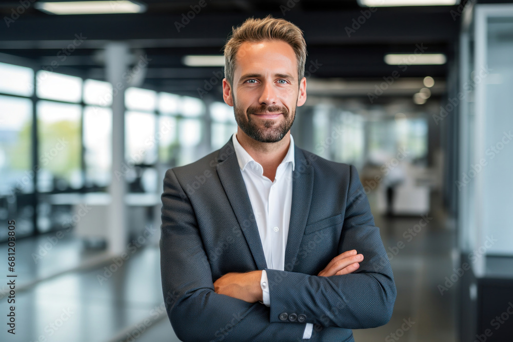A smiling businessman standing in front of a camera with his arms crossed in a modern office. A smiling businessman standing in front of a camera with his arms crossed in a modern office.