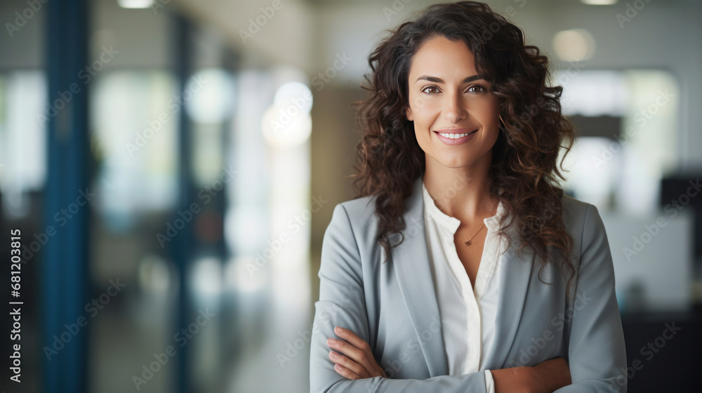 Obraz premium A smiling businesswoman standing in front of a camera with her arms crossed in a modern office.