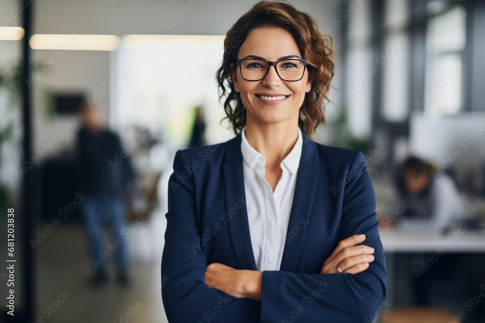 A smiling businesswoman standing in front of a camera with her arms crossed in a modern office. A smiling businesswoman standing in front of a camera with her arms crossed in a modern office.