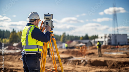 A surveyor builder engineer with theodolite transit equipment at construction site outdoors during surveying work.