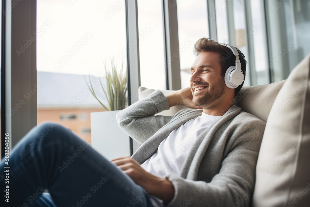 A man enjoying music with a headphones at the window A man enjoying music with a headphones at the window