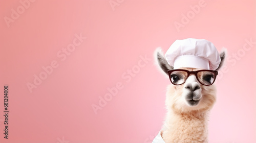 funny face Llama wearing sunglasses, and chef uniforms, blank space on the right. generative ai