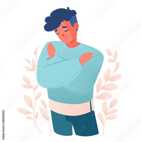 A peaceful happy person feeling happy. A smiling person hugging himself. Concept of self care, self love, mental health. Flat graphic vector illustration isolated on white background.