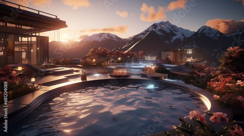 A luxury spa resort with a natural hot spring and a mountain backdrop at sunset. © COLLECTION OF AI
