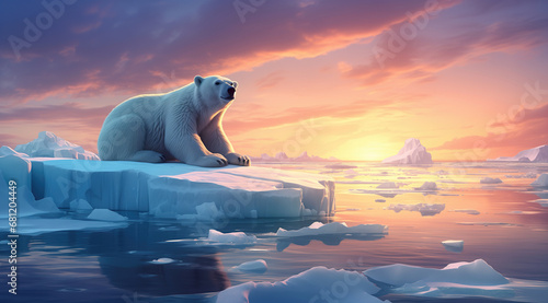 White polar bear on the ice floe at sunset