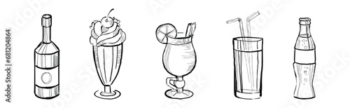 Different Drink and Beverage Hand Drawn Sketch Vector Set.