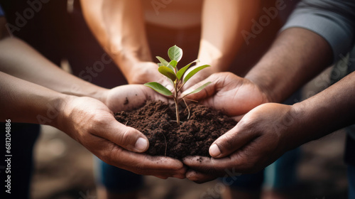 Close-up Plant in hands of business people for teamwork, support or environment Collaborating, growing, and investing in people and the soil for the future.