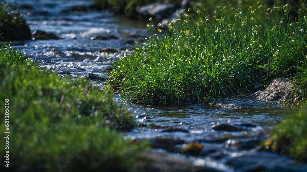 Fototapeta premium Small river (stream) in the evergreen forest. Crystal clear water, rocks, moss, fern, plants close-up. Natural textures. Atmospheric landscape. Pure nature, environment, ecology