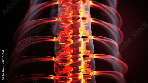 Fluorography of human spine visualising pain with red and orange colours.