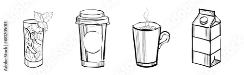 Different Drink and Beverage Hand Drawn Sketch Vector Set.